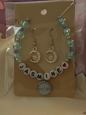 Personalized "Jasmine" Beaded Necklace & Moon Earrings Set - Gold Accent
